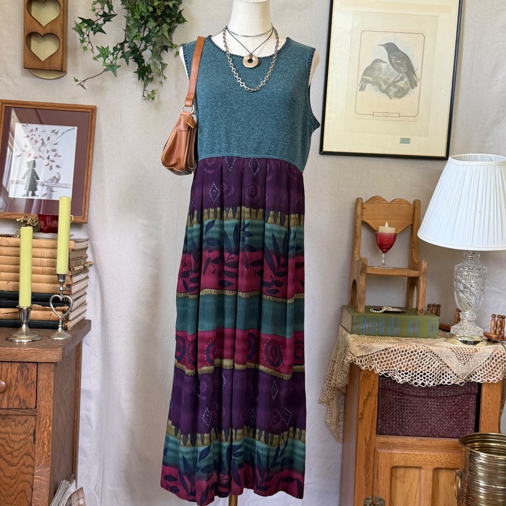 Multicolor Mixed Media Maxi Dress Boho Vintage 90s 10P Indie Grunge Granola